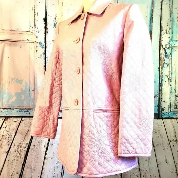Vintage Pamela McCoy Pink Classic Quilted Leather Coat Size S Lined 2 Pockets - Picture 10 of 10